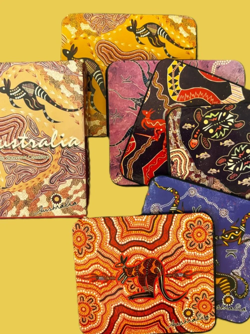 Australian Aboriginal Coasters SET of 6 Cork-Back with Gift Box NWOT